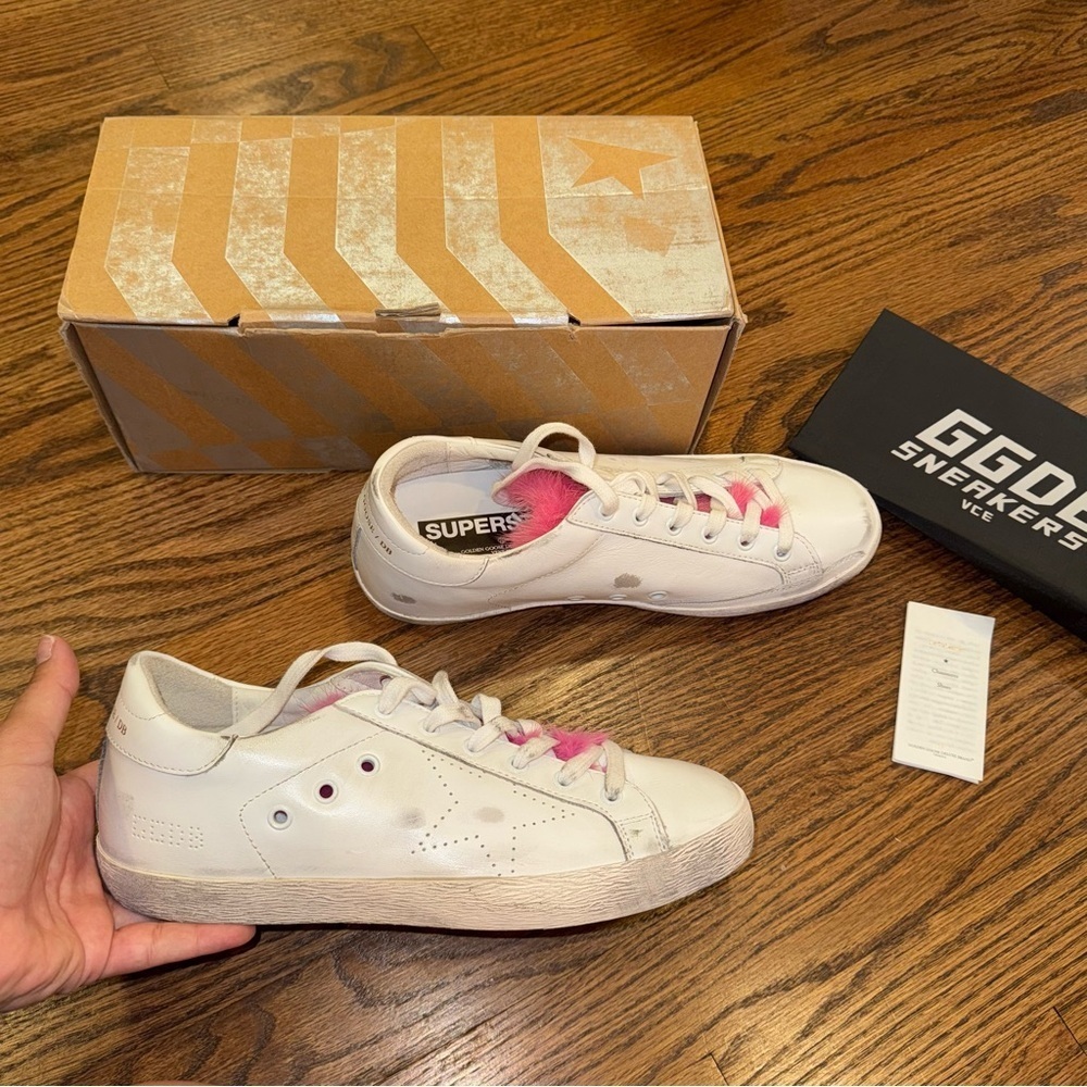 New Size 40 Golden Goose Superstar Sneakers White Leather Pink Mink Fur - Picture 4 of 13